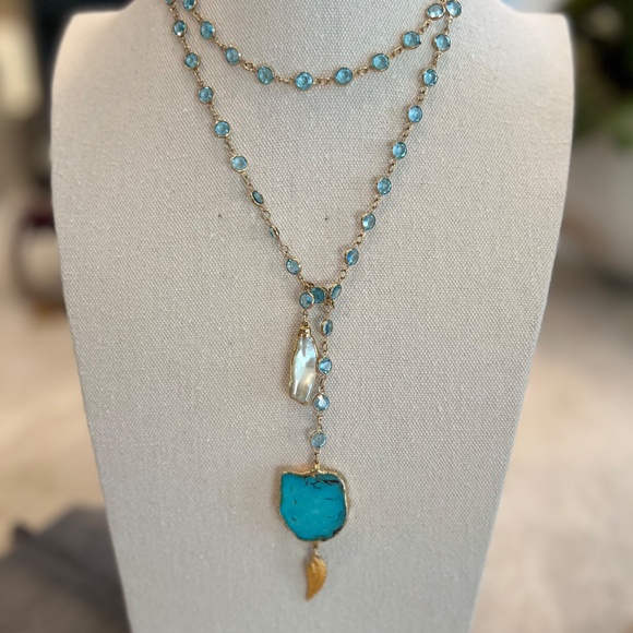 One of a kind Turquoise, Baroque Pearl & Aquamarine Lariat Necklace - Picture 9 of 9